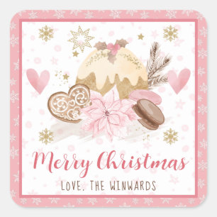 Blozende Roze & Gouden Wintertreats Prettig Kerstf Vierkante Sticker