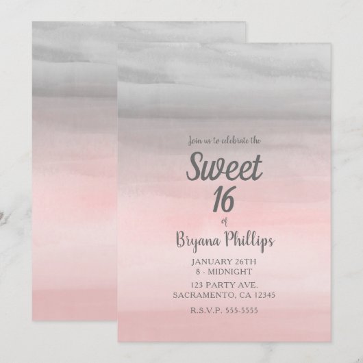 Blozende Roze & Grijs Moderne Waterverf Sweet 16 Kaart (Voorkant / Achterkant)