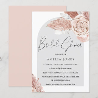 Blozende Roze Grijze Boho Bloemen Boog Bruidsdouch Kaart