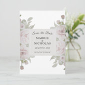 Blozende Roze Grijze Roos Bloemige Waterverf Groen Save The Date (Staand voorkant)