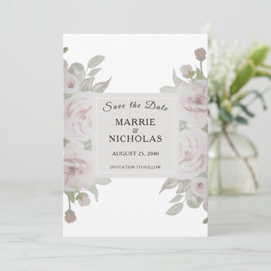 Blozende Roze Grijze Roos Bloemige Waterverf Groen Save The Date (Staand voorkant)