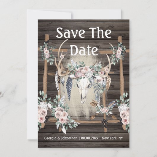 Blozende roze groene boho gewei tribal veer hout save the date (Voorkant)