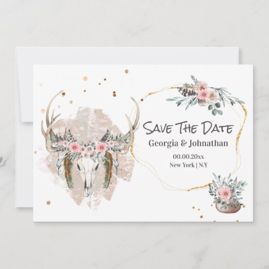 Blozende roze groene herten geweien roos boho chic save the date (Voorkant)