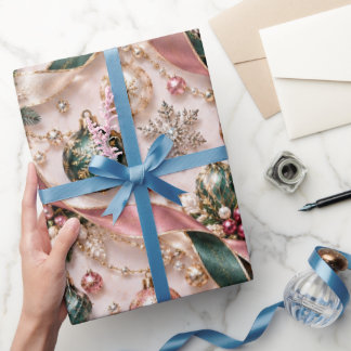 Blozende Roze Groene Kerstlinten Cadeaupapier