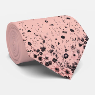 Blozende Roze & Houtskool Bloem Motief Heren Neckt Stropdas