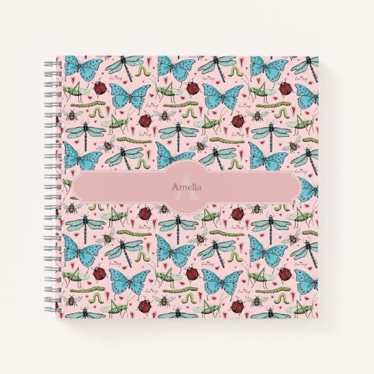 Blozende Roze Insecten Monogram Notitieboek  (Voorkant)