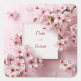 Blozende Roze Kersenbloesem Witte Frame Trouwdag Vierkante Sticker