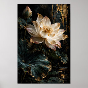 Blozende Roze Lotusbloem met Gouden Accenten Botan Poster