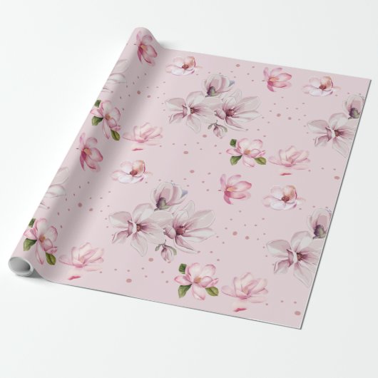 Blozende Roze Magnolia Bloem Waterverf Cadeau Cadeaupapier (Uitgerold)