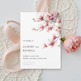 Blozende Roze Magnolia Botanische Aquarel Bruiloft Kaart