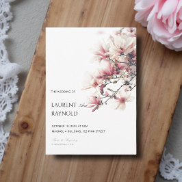 Blozende Roze Magnolia Botanische Aquarel Bruiloft Kaart