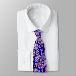 Blozende Roze Marineblauwe Bloem Roos Patroon Neck Stropdas