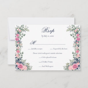 Blozende Roze Marineblauwe Bloemrijke Groene Huwel RSVP Kaartje