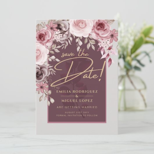 Blozende Roze Maroon Bloemen Bruiloft SAVE THE DAT Kaart (Staand voorkant)