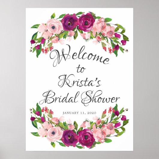 Blozende Roze & Marsala Bloemrijke Bruidsontvangst Poster (Voorkant)