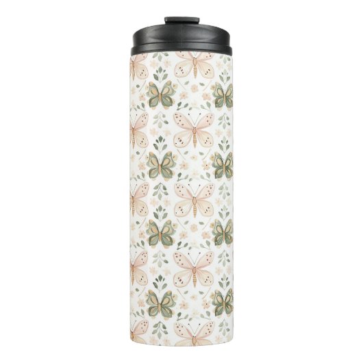Blozende Roze Mint Groen Vlinder Thermosbeker (Voorkant)