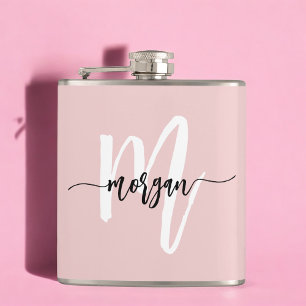 Blozende Roze Monogram Lief Meisjesachtig Schrift Heupfles