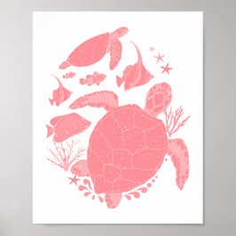 Blozende Roze Oceaanscène Vissen en Schildpadden Poster