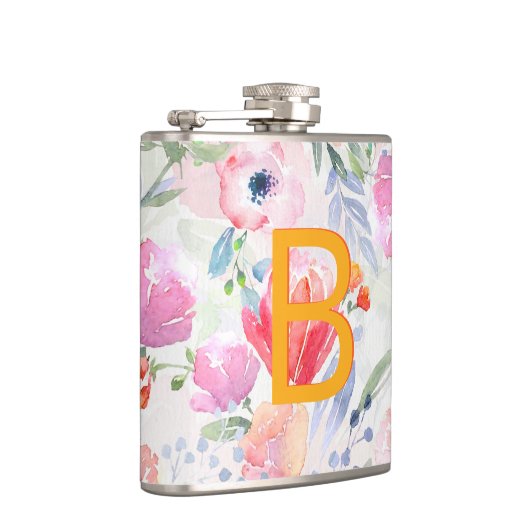 Blozende roze paarse bloemen monogram heupfles (Rechts)