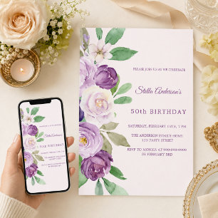 Blozende roze paarse bloemen verjaardag kaart