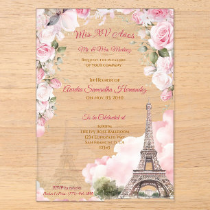 Blozende Roze Parijs Quinceañera Acryl Uitnodiging