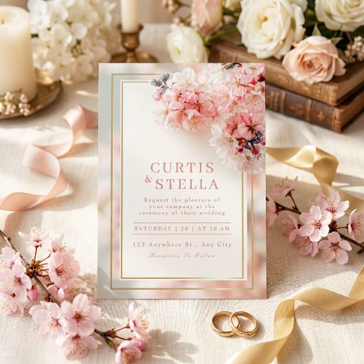 Blozende Roze Romantische Sakura Gouden Lijst Brui Kaart