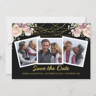 Blozende Roze Roos Bloemig Goud Blauw 3 Foto Save  The Date