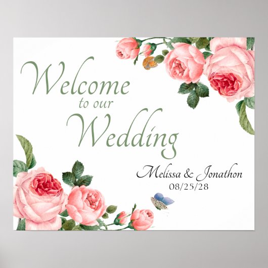 Blozende Roze Roos Bloemige Elegante Bruiloft Poster (Voorkant)