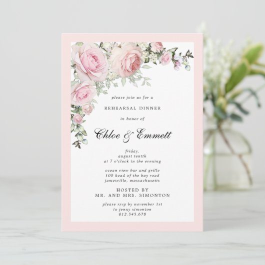 Blozende Roze Roos Bloemstuk Proefavond Diner Kaart (Staand voorkant)