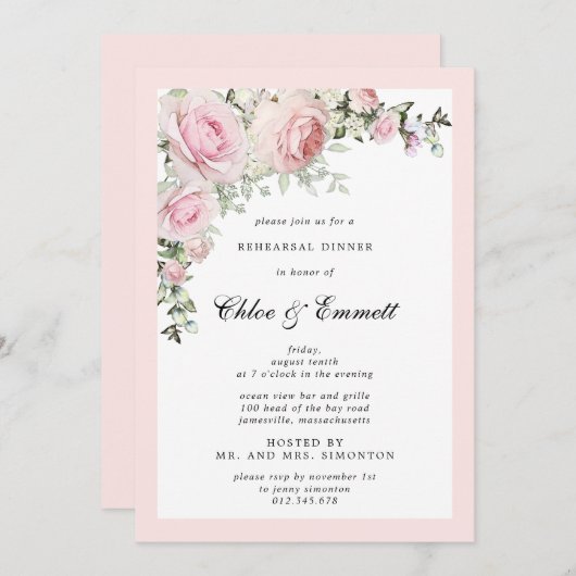 Blozende Roze Roos Bloemstuk Proefavond Diner Kaart (Voorkant / Achterkant)