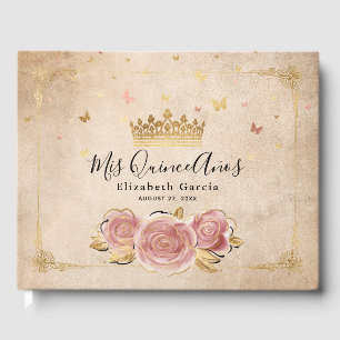 Blozende Roze Roos en Gouden Kroon Elegante Quince Gastenboek