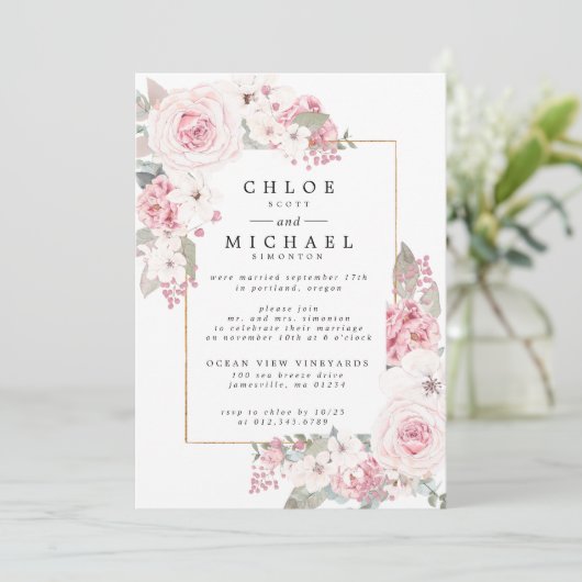 Blozende Roze Roos Rustieke Bloemige Bruiloft Aankondiging (Staand voorkant)