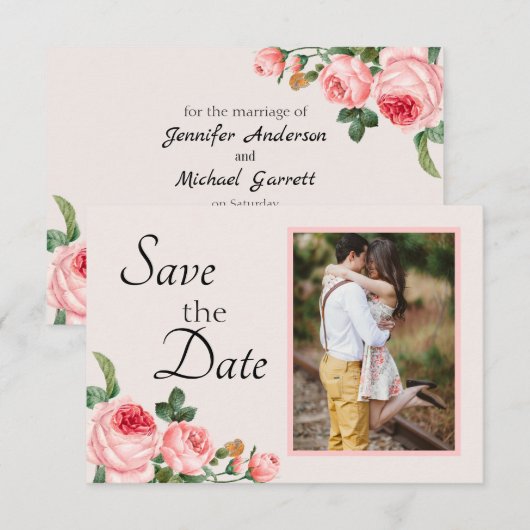 Blozende Roze Roos Save The Date (Voorkant / Achterkant)