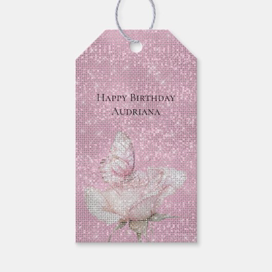 Blozende Roze Roos Vlinder Glans Verjaardag Cadeaulabel (Voorkant)