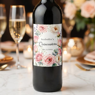 Blozende Roze Roos Waterverf Bloemige Quinceañera Wijn Etiket