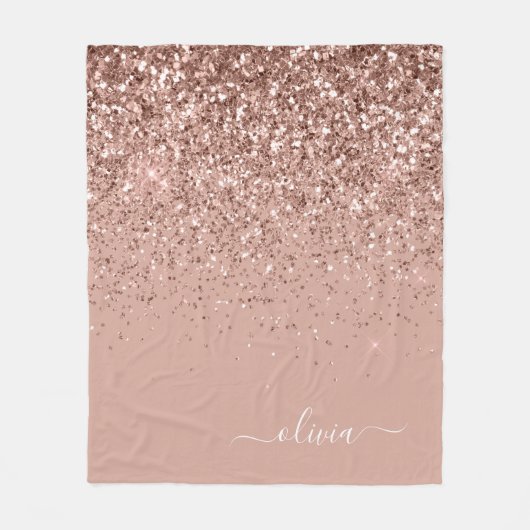 Blozende Roze Rose Goud Glitter Monogram Naam Fleece Deken (Voorkant)