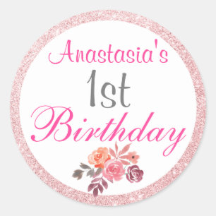 Blozende Roze Roze Goud Glitter Bloem 1e Verjaarda Ronde Sticker