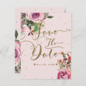Blozende Roze Roze Gouden Bloemige Moderne Bewaar  Aankondigingskaart (Voorkant / Achterkant)