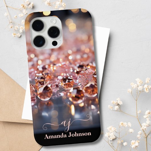 Blozende Roze Roze Gouden Glitter Monogram Gemston iPhone Hoesje