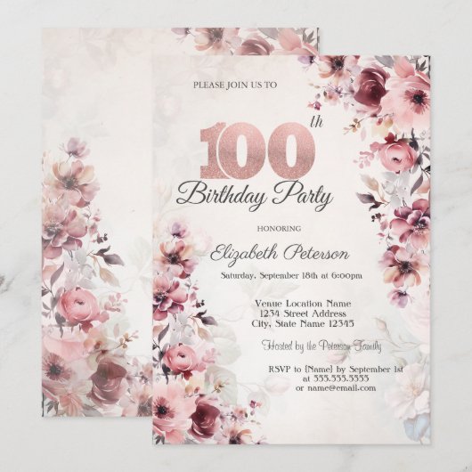 Blozende Roze Rozen 100ste Verjaardag Kaart (Voorkant / Achterkant)