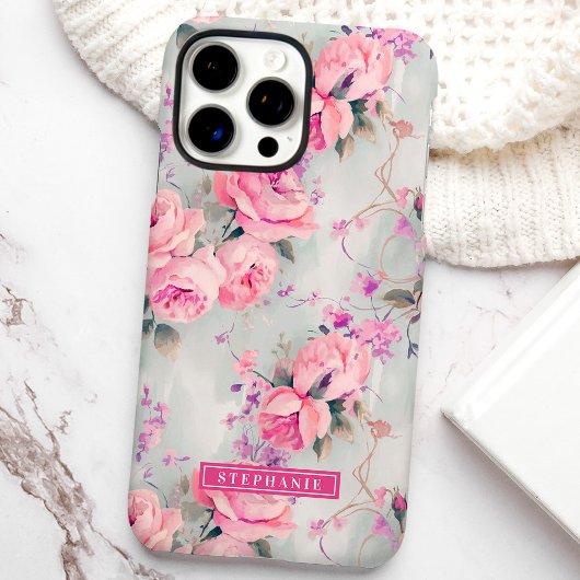 Blozende Roze Rozen Aangepaste Naam Bloemen Case-Mate iPhone Case