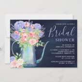 Blozende Roze Rozen Hortensia Marineblauwe Bruidsd Kaart (Voorkant)