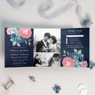 Blozende Roze Rozen Stof Blauw Bloemig Marine Trou Drieluik Uitnodiging