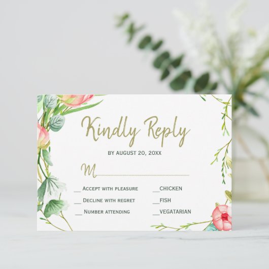 Blozende roze rozen tuin bruiloft moderne rsvp kaartje (Staand voorkant)