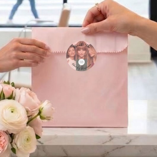Blozende Roze Script Logo 3 Foto Kapsalon Ronde Sticker