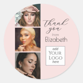 Blozende Roze Script Logo 3 Foto Make-up Bedankt Ronde Sticker