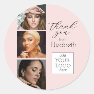 Blozende Roze Script Logo 3 Foto Make-up Bedankt Ronde Sticker