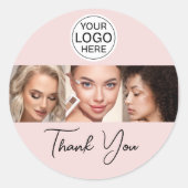 Blozende Roze Script Logo Foto Make-up Bedankt Ronde Sticker (Voorkant)