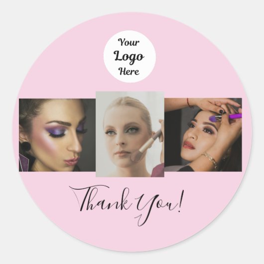 Blozende Roze Script Logo Foto Make-up Bedankt Ronde Sticker (Voorkant)