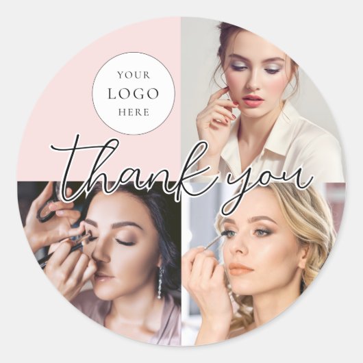 Blozende Roze Script Logo Foto Make-up Bedankt Ronde Sticker (Voorkant)
